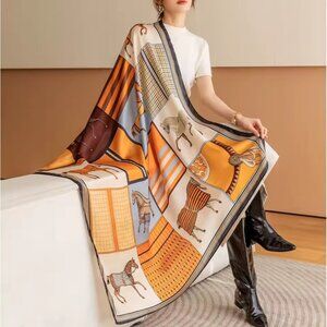 Luxury Vintage Horse Print Square Scarf Silk Feel Shawl Wrap 43x43 in NEW